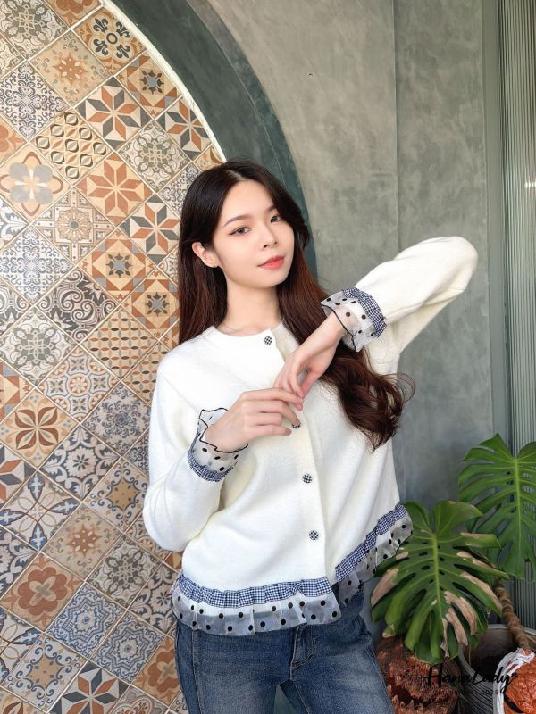 WJB48 格紋點點紗拼接針織上衣 