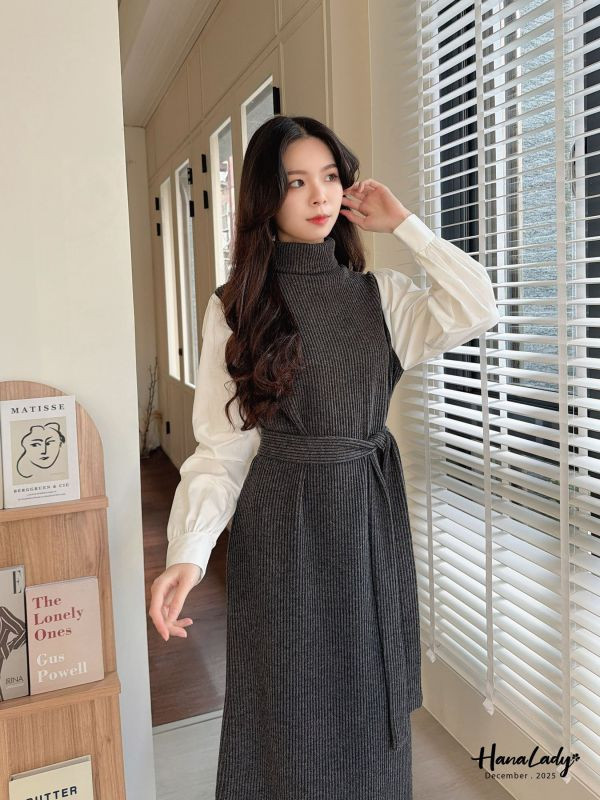 WQB11 高領針織襯衫袖連身裙 