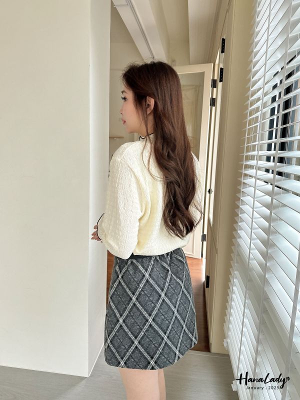 WEA87 附腰帶秋冬後鬆緊格紋短裙 