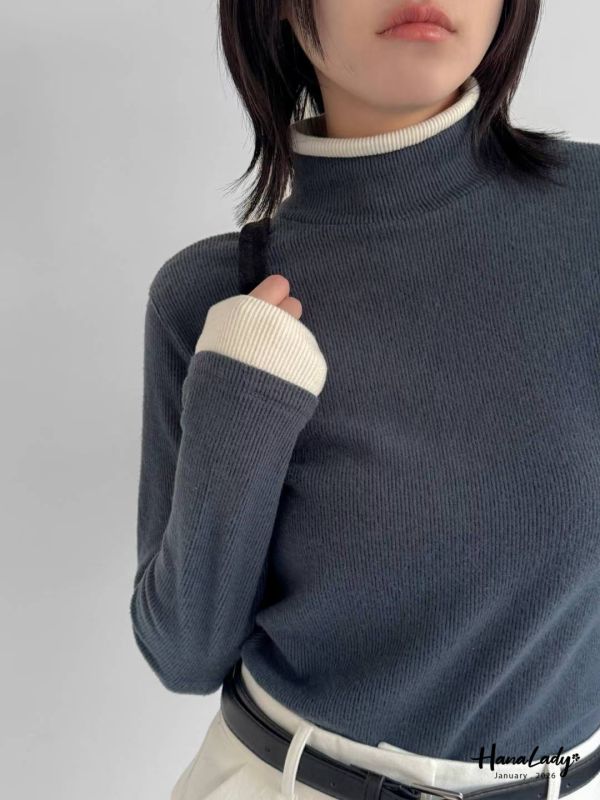 LEA72 配色立領棉絨坑條針織上衣 