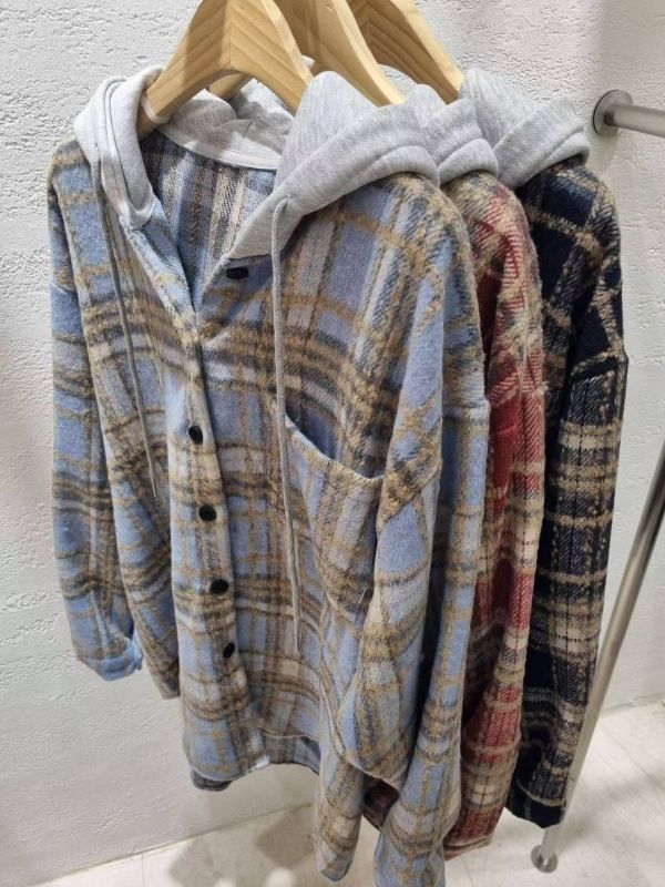 WQA94 配色格紋連帽長版外 