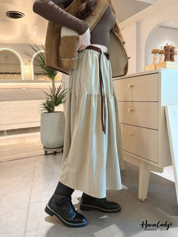 WJA81 浪漫附腰帶麂皮長裙 