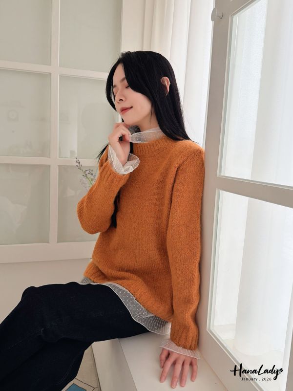 LEA45 拼接點點紗領針織上衣 