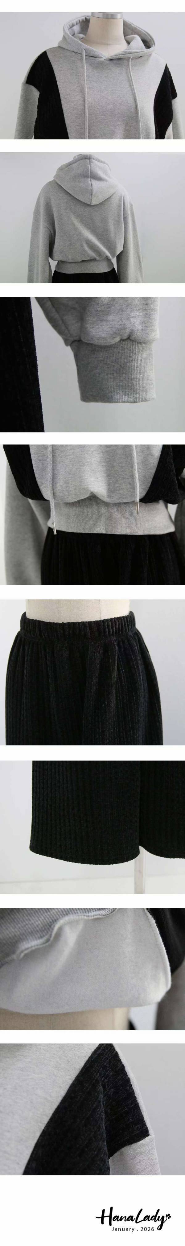 LEA98 絨布拼接內刷毛連帽套裝 