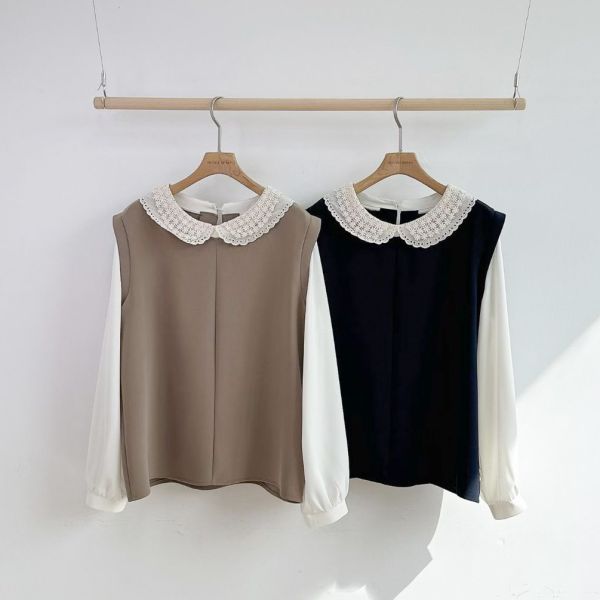 WQA52 刺繡雕花領雪紡上衣 