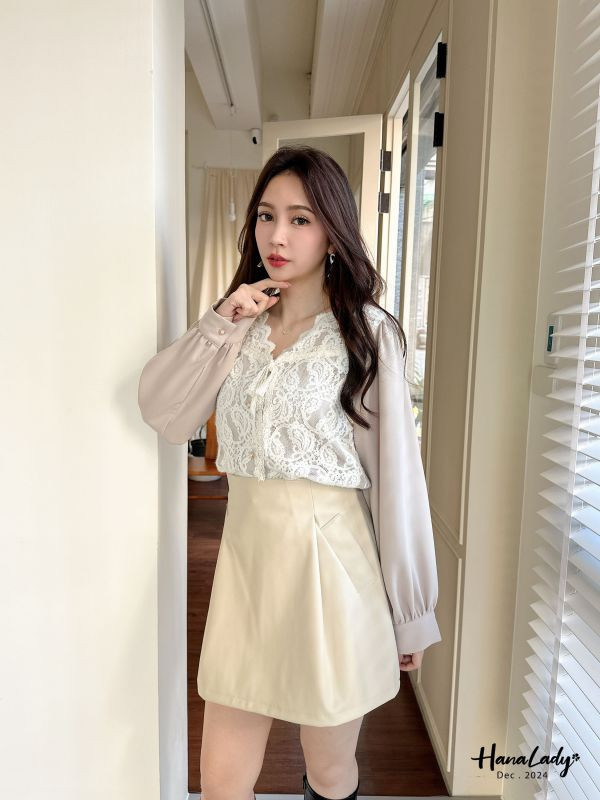 FQA82 綁結滿版蕾絲拼接雪紡衫 