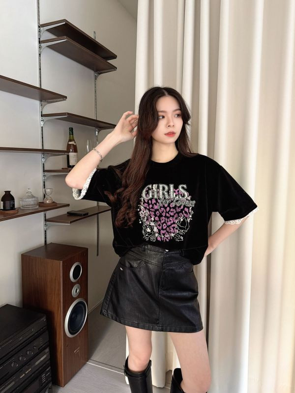 WQA31 GIRLS珍珠蕾絲豹紋絨布T 