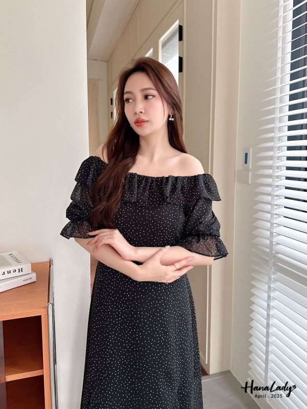 WFA17 復古點點荷葉領長洋 正韓 韓國服飾 韓國連線
