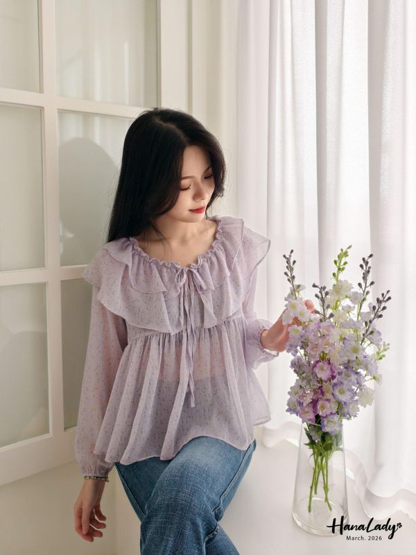 LSA11 浪漫綁帶荷葉碎花上衣 