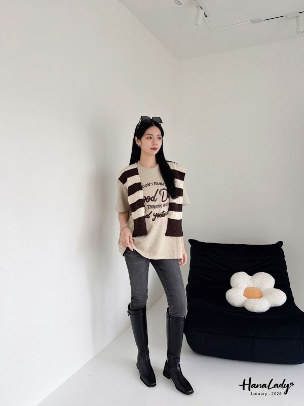 LEA52 條紋披肩刺繡串珠長版T 