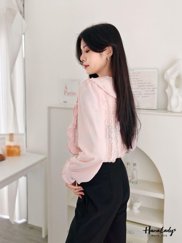 LSA20 浪漫蕾絲鑽石釦雪紡衫 