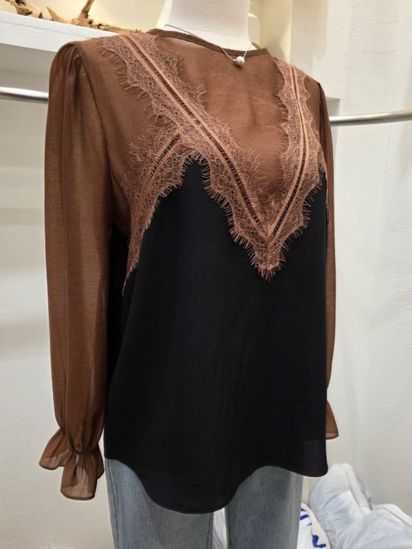 WQB68 睫毛蕾絲大V線雪紡上衣 