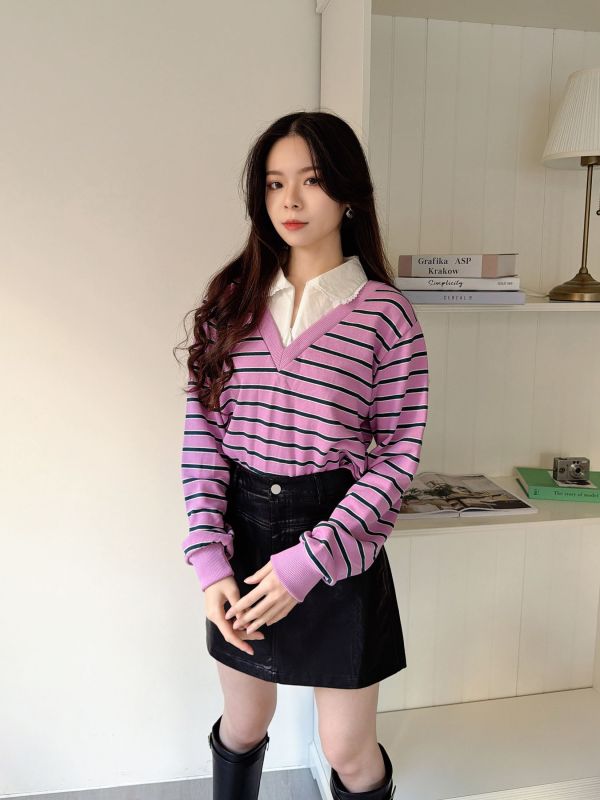 WQA32 假兩件條紋襯衫領上衣 