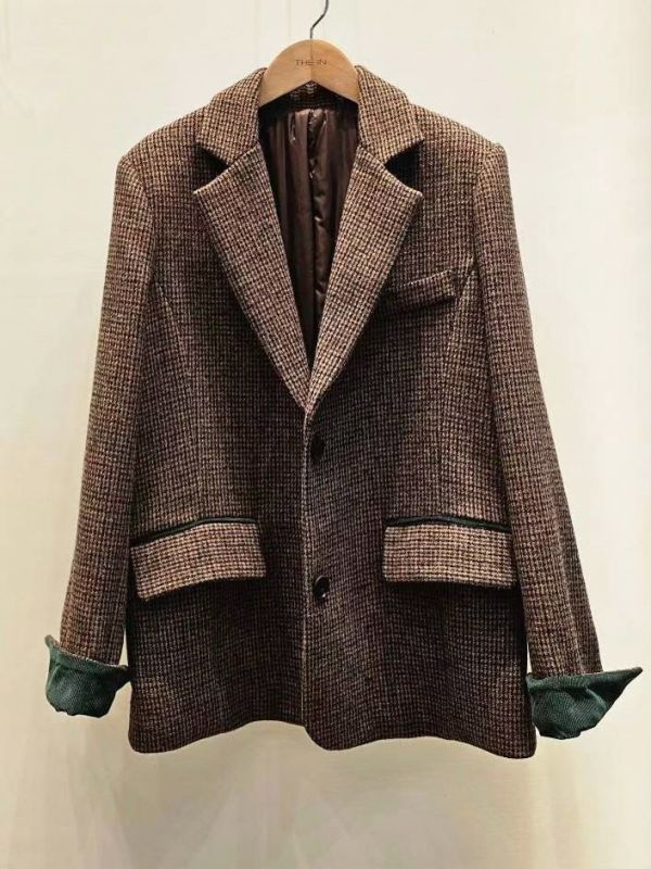 WQA79 燈心絨反摺袖格紋羊毛西外 