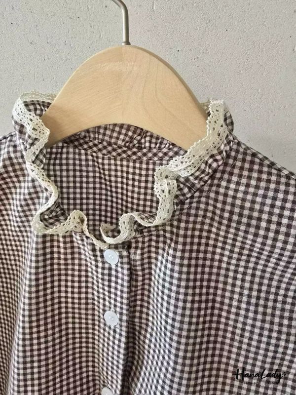 LEA67 拼接蕾絲領格紋襯衫 