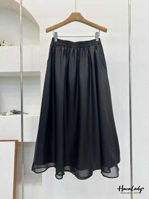 WJA82 層次接紗鬆緊腰皮裙 