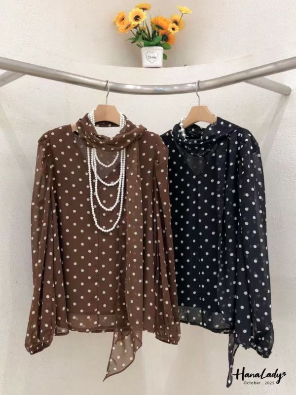 WTA03 復古波點緞帶雪紡衫 