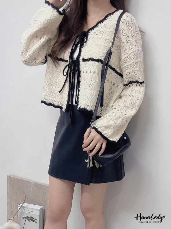 WJB11 簍空編織波浪綁結衫 