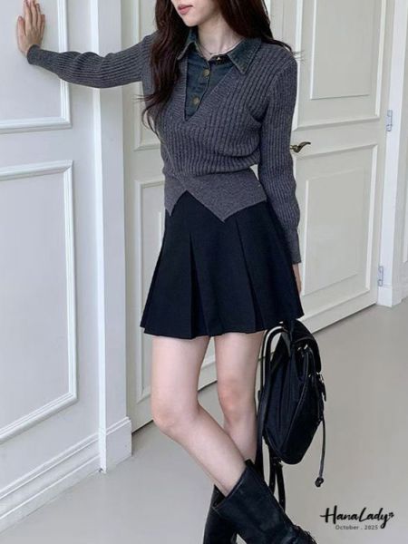 WTB34 經典壓褶後鬆緊褲裙 