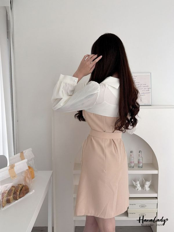 WJA46 知性拼色收腰雪紡短洋 