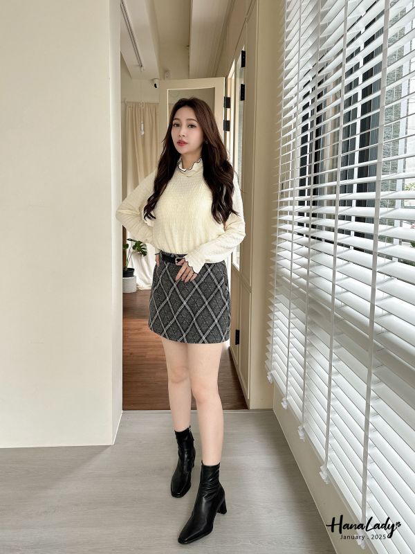 WEA87 附腰帶秋冬後鬆緊格紋短裙 