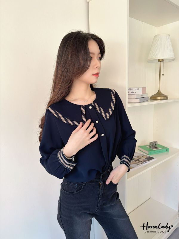 WQA47 線條層次領珍珠雪紡衫 