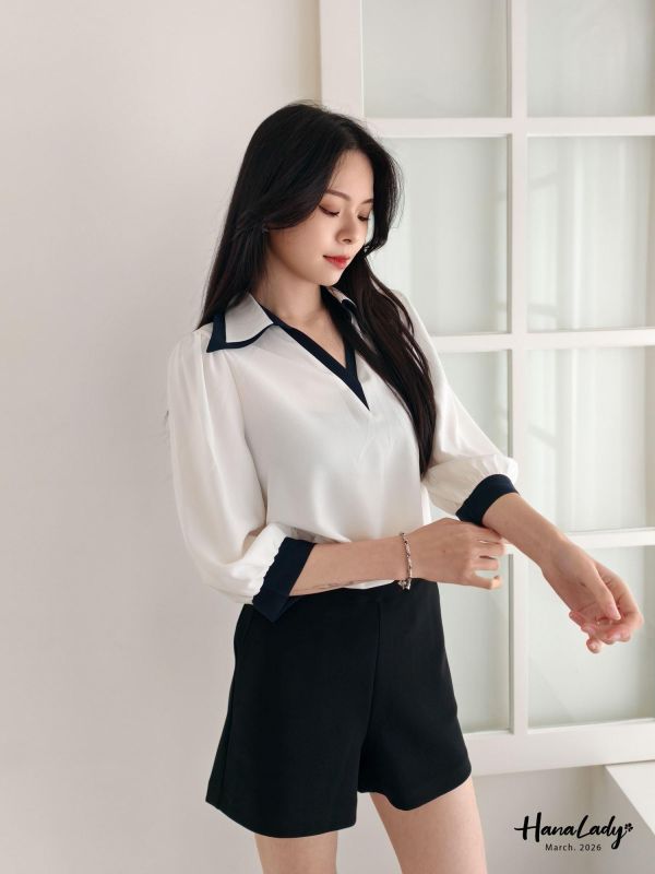 LSA22 層次V領配色雪紡衫 