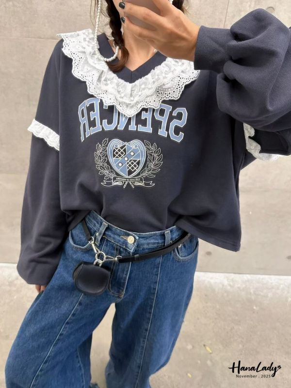 WJA37 層次蕾絲V領休閒T 