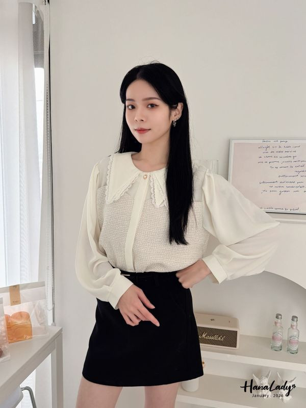 LEA23 超級美麗的毛呢雪紡上衣 