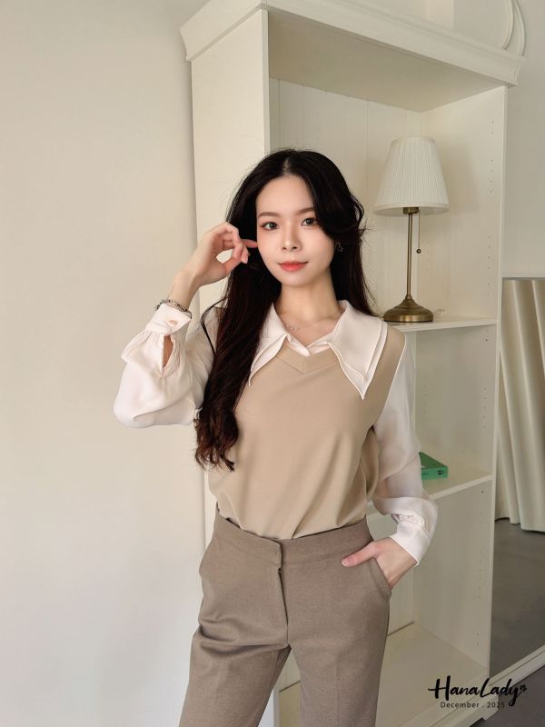 WQA46 假兩件層刺領配色上衣 