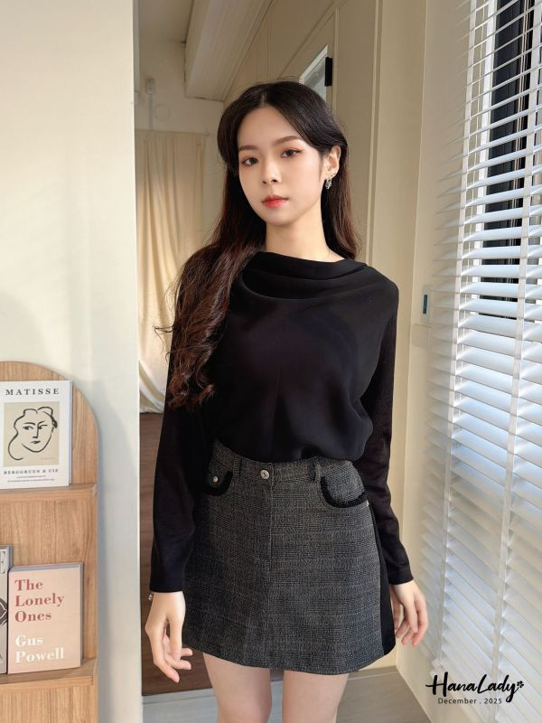 WQA11 質感磨毛格紋布顯瘦黑邊褲裙 