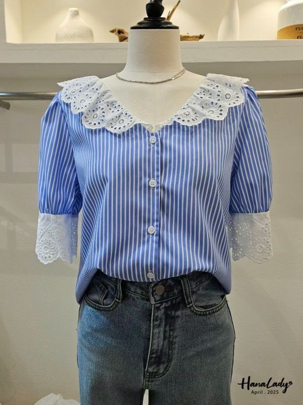 WFA61 蕾絲花邊條紋襯衫 正韓 韓國服飾 韓國連線