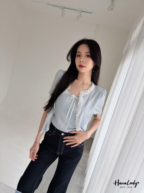 LFA39 有點美綁結翻領蕾絲上衣 