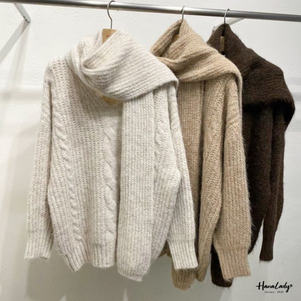 LEA32 麻花V領羊毛上衣附圍巾 