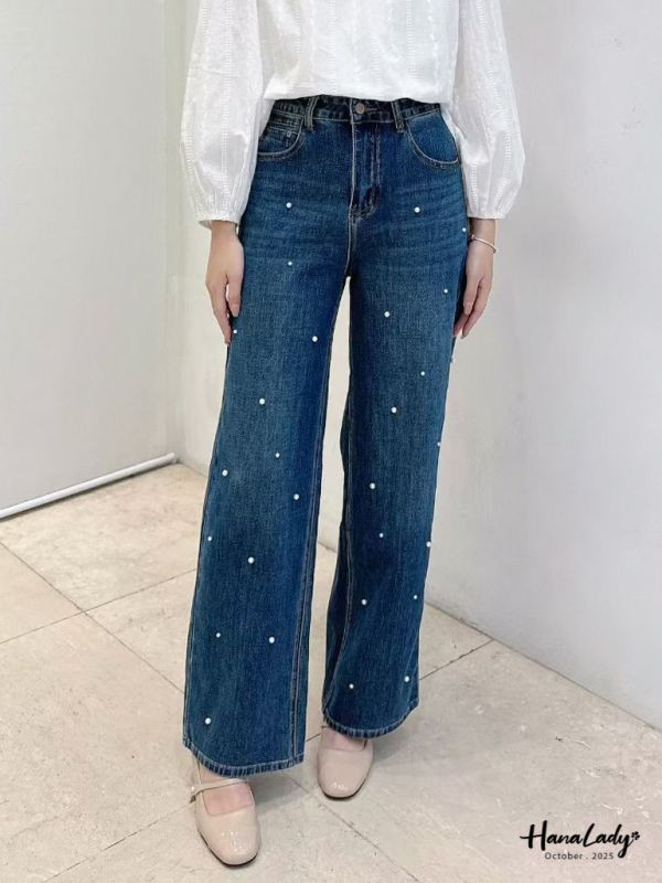 WTA26 超彈性必收珍珠丹寧直筒褲 