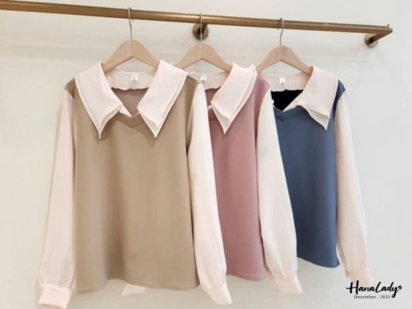 WQA46 假兩件層刺領配色上衣 