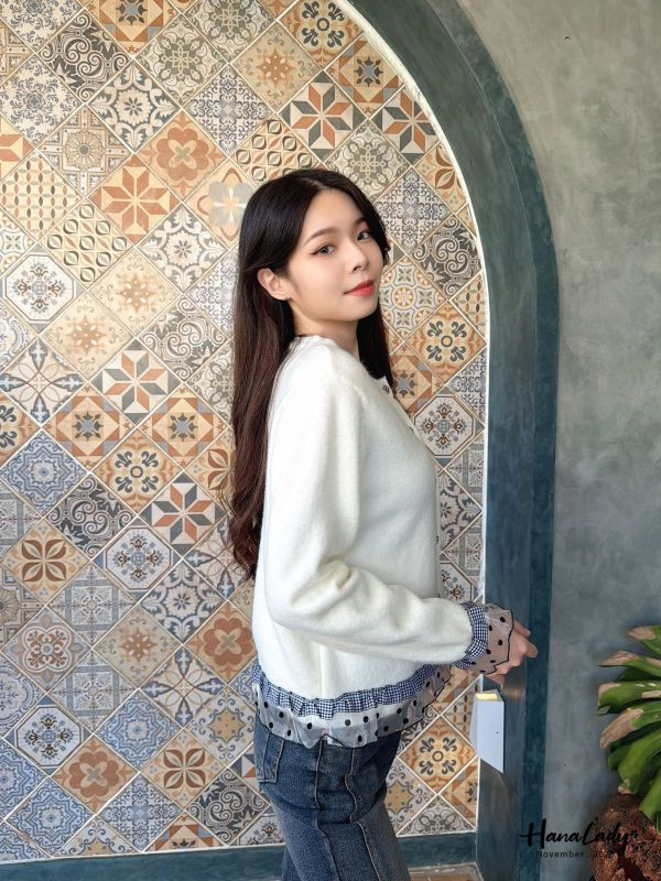 WJB48 格紋點點紗拼接針織上衣 