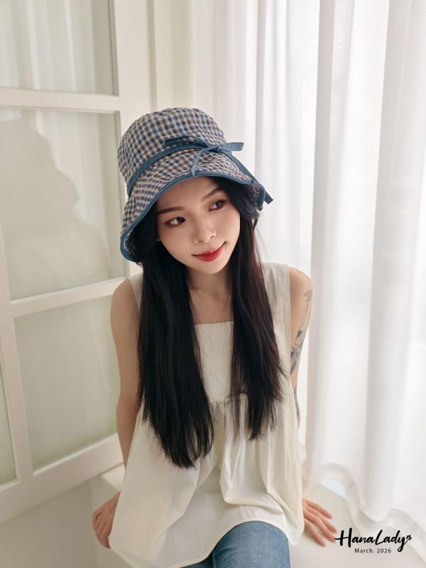 LSA66 夏日格紋綁帶魚夫帽 