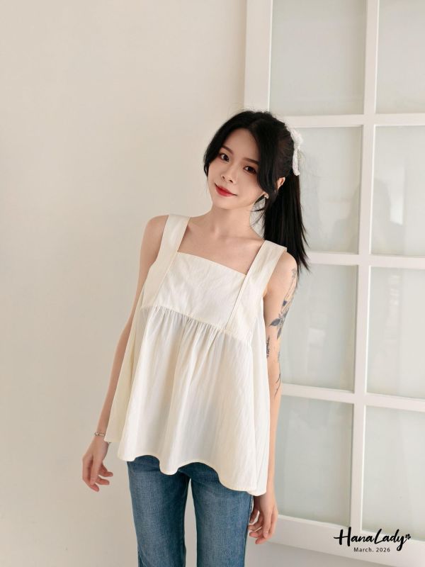 LSA15 方領釦帶肩設計裙襬上衣 