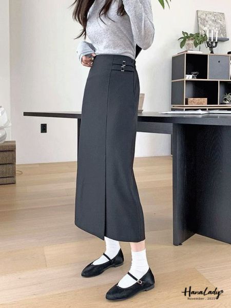 WJA86 氣質雙腰鍊開衩長裙 