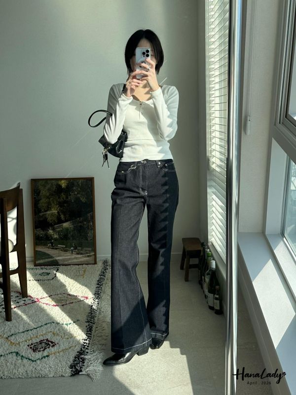 LFA42 直條紋布料丹寧喇叭褲 