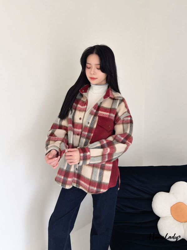 LEA75 棉絨拼接燈心絨格紋衫 