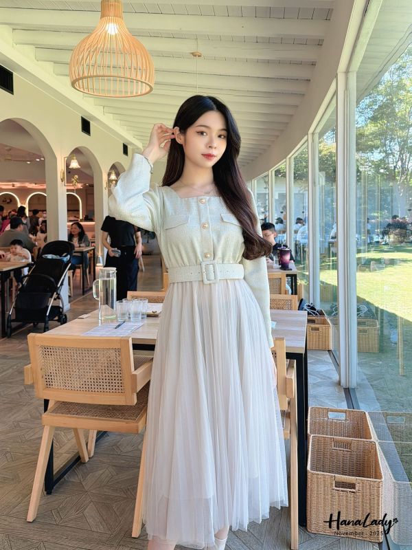 WJA58 精緻珍珠金釦接紗長洋 