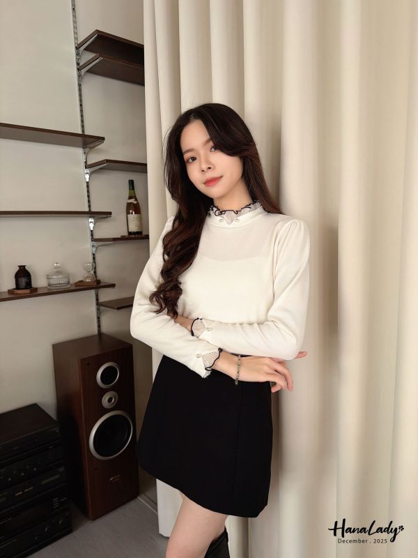 WQA60 接紗滾邊珍珠純色上衣 