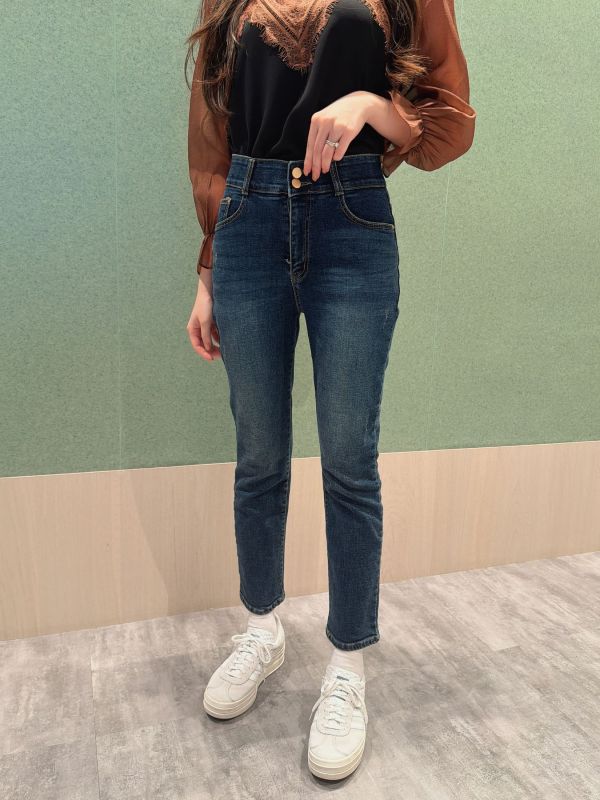 WQB65 顯瘦雙釦設計內磨毛丹寧褲 