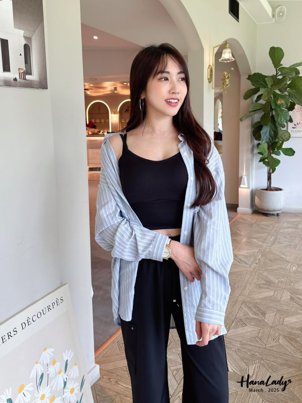 WSA84 口袋蝴蝶結直條紋襯衫 