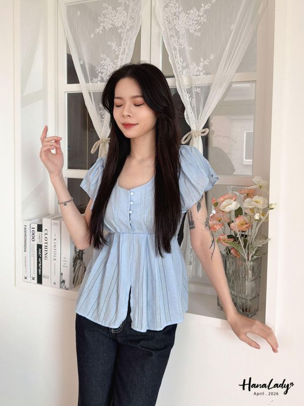 LFA29 線條繡球布綁帶上衣 