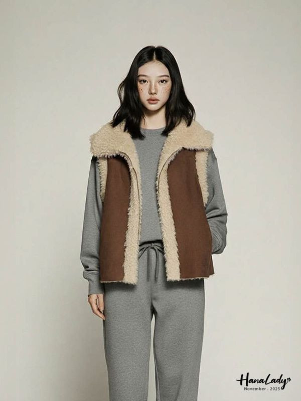 WJA74 麂皮拼毛暖暖翻領背心 