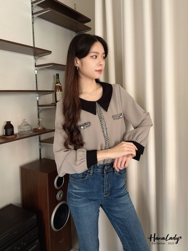 WQA45 毛呢線條小香風雪紡衫 