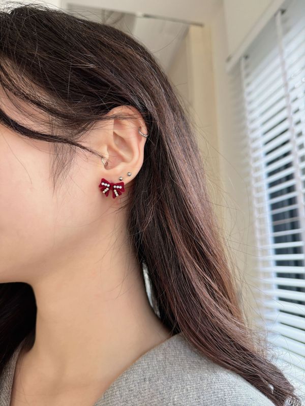 WQB44 毛呢珍珠細鑽蝴蝶結耳環 